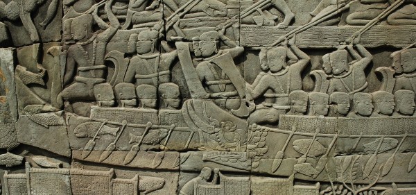 Rowing is done facing the opposite direction of travel and with the oar attached to the boat through a fulcrum. Source: V. Walker.