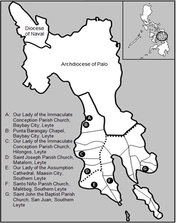 Locations of the Seven Filipino-Spanish Churches of the Diocese of Maasin.