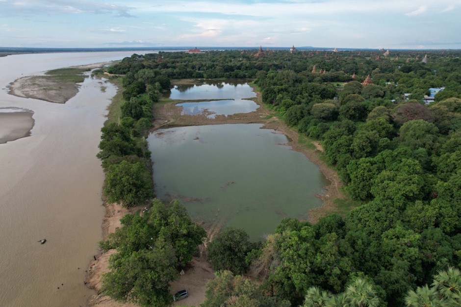 Looking north from the Myinkaba In-gyi and Mango Tree in the foreground to the curve of the Ayeyarwady River. The tree has been cared for by several generations with the species (Damouk yo thi (ဓမောက်ရိုးသီး) only growing in Myinkaba. Source: Photo by U Win Kyaing (2020).